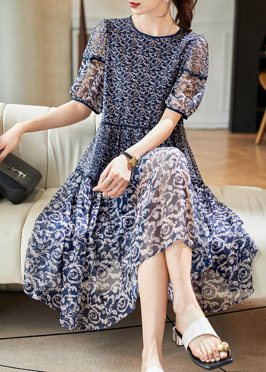 Navy O Neck Print Patchwork Chiffon Dresses Summer