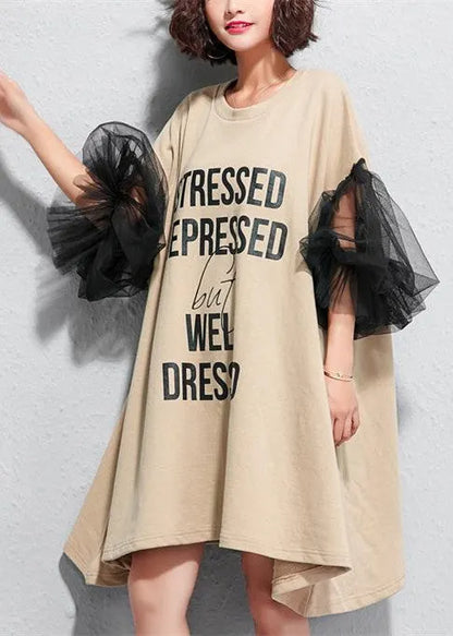 New Lace Patchwork Midi-length Cotton Dress Clothing Traveling Dress Short Sleeve Alphabet Cotton Dress