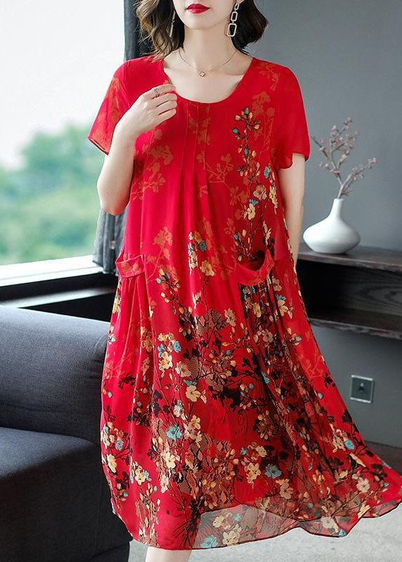 Blue O-neck Pockets Print Chiffon a Line Dress Short Sleeve