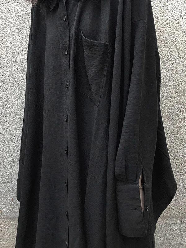 Lapel Asymmetric Cotton for Black a Line Shirt Dresses