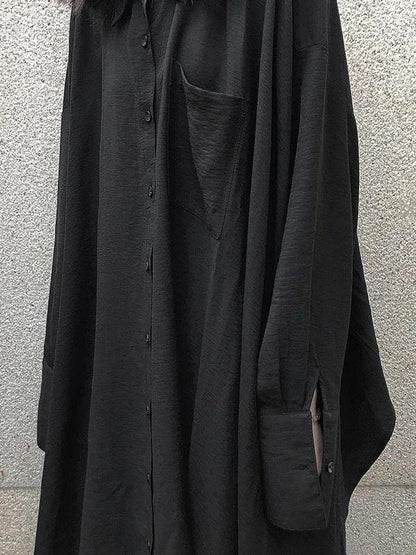 Lapel Asymmetric Cotton for Black a Line Shirt Dresses