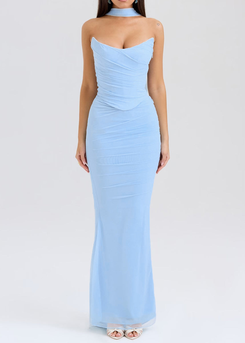 Sky Blue Cold Shoulder Tulle Strapless Wraped Dress Summer
