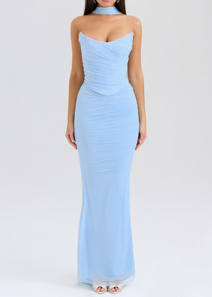 Sky Blue Cold Shoulder Tulle Strapless Wraped Dress Summer