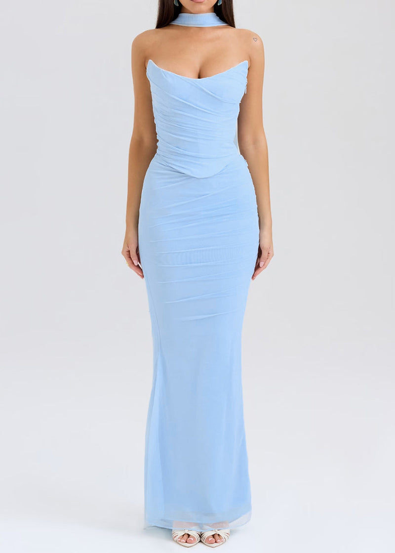 Sky Blue Cold Shoulder Tulle Strapless Wraped Dress Summer