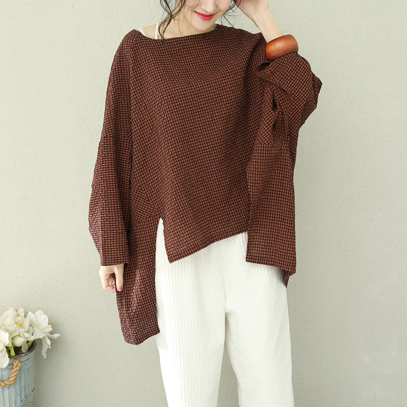 Asymmetric Cotton Fine Work Black Brown Plaid Oversized Tops