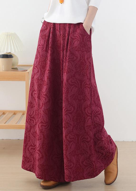 Autumn and Winter Retro Red Jacquard Thickened Wide Leg Pants