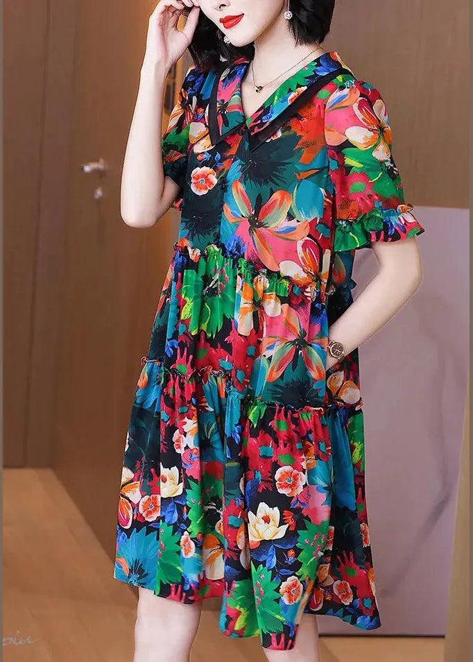 Peter Pan Collar Print Pockets Wrinkled Silk Mid Dresses Short Sleeve