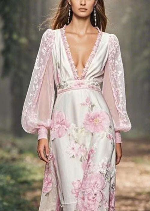 V Neck Print Patchwork Chiffon Maxi Dresses Spring