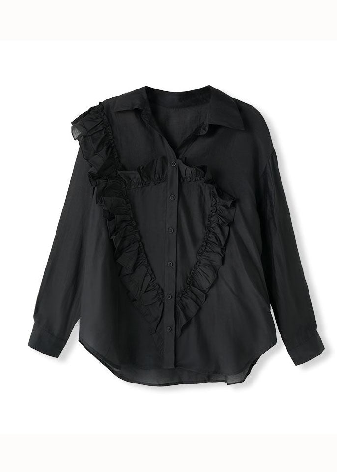Black Peter Pan Collar Ruffled Patchwork Cotton Shirt Tops Fall