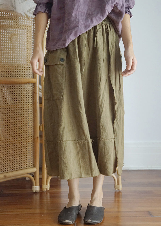 Green Elastic Waist Drawstring Asymmetrical Pocket Linen Skirt Spring