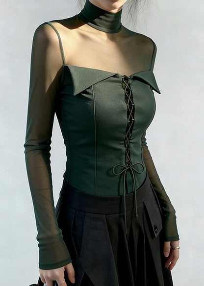 Blackish Green Cross Strap Patchwork Tulle Blouse Tops Spring
