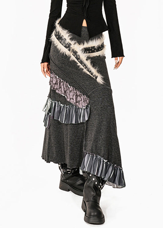 French Grey Fuzzy Fur Fluffy Patchwork High Waist Knit Fishtail Skirts Summer