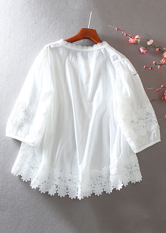 White Button Hollow Out Lace Patchwork Shirt Bracelet Sleeve
