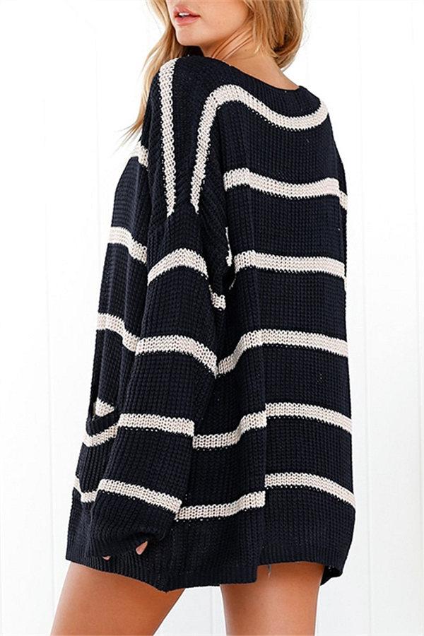 V Neck Striped Pocket Cardigan