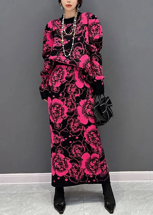 Slim Fit Rose O-neck Print Top and Maxi Skirts Two Piece Set Fall