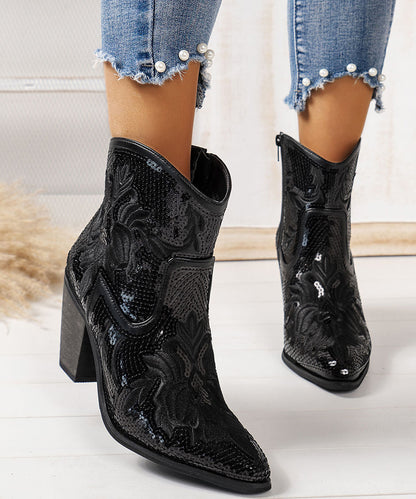 Black Embossed Sequins Cotton Fabric Chunky Ankle Boots