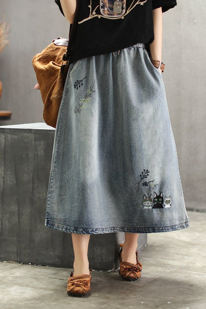 Embroidered Denim Retro Art Long Skirt