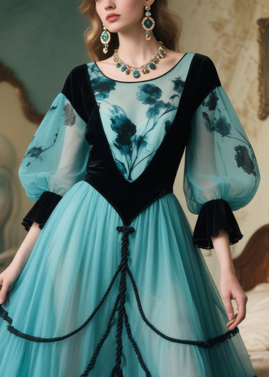 Lake Blue Puff Sleeve Patchwork Tulle Party Dresses
