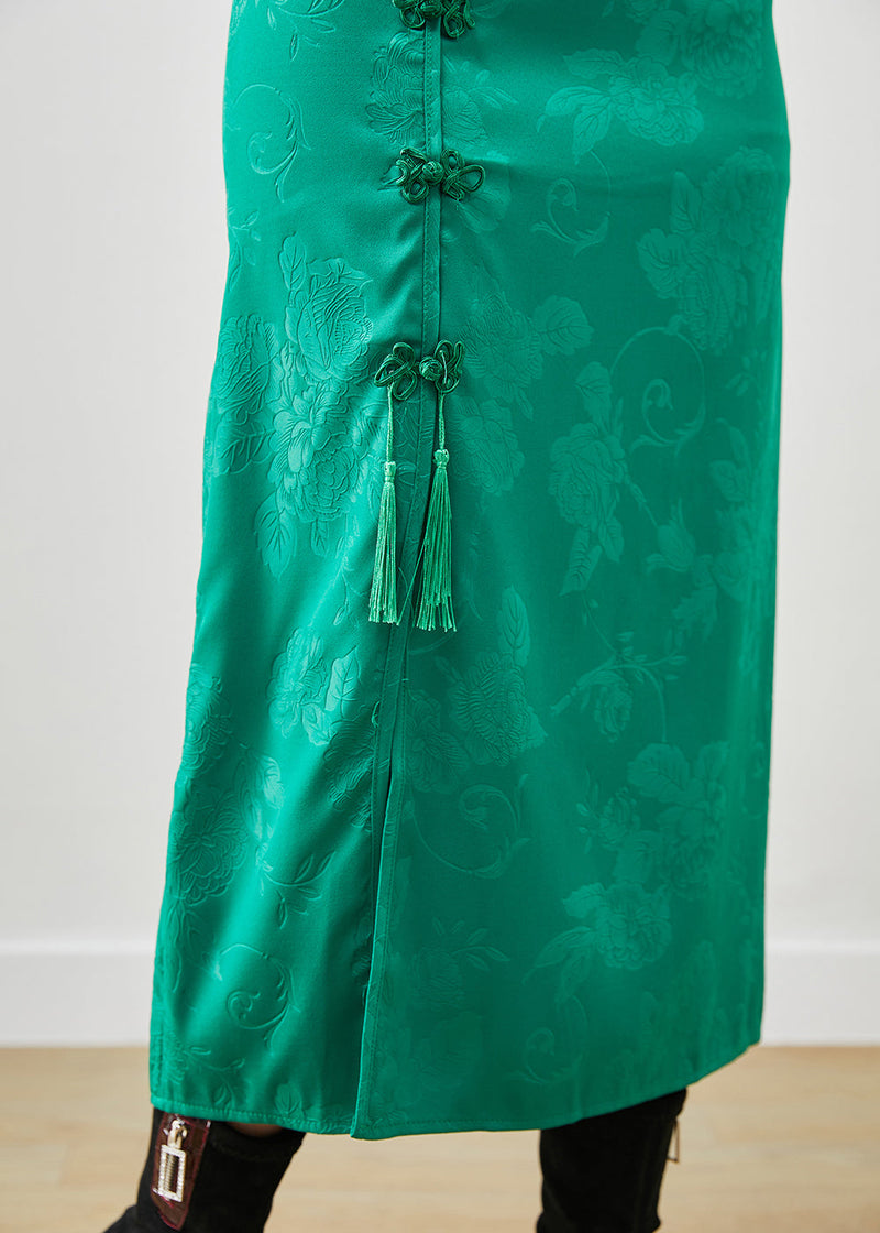 Green Jacquard Chinese Button Silk Wraped Skirt Fall