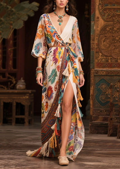 Beige Tasseled Print Chiffon Maxi Dresses Lantern Sleeve