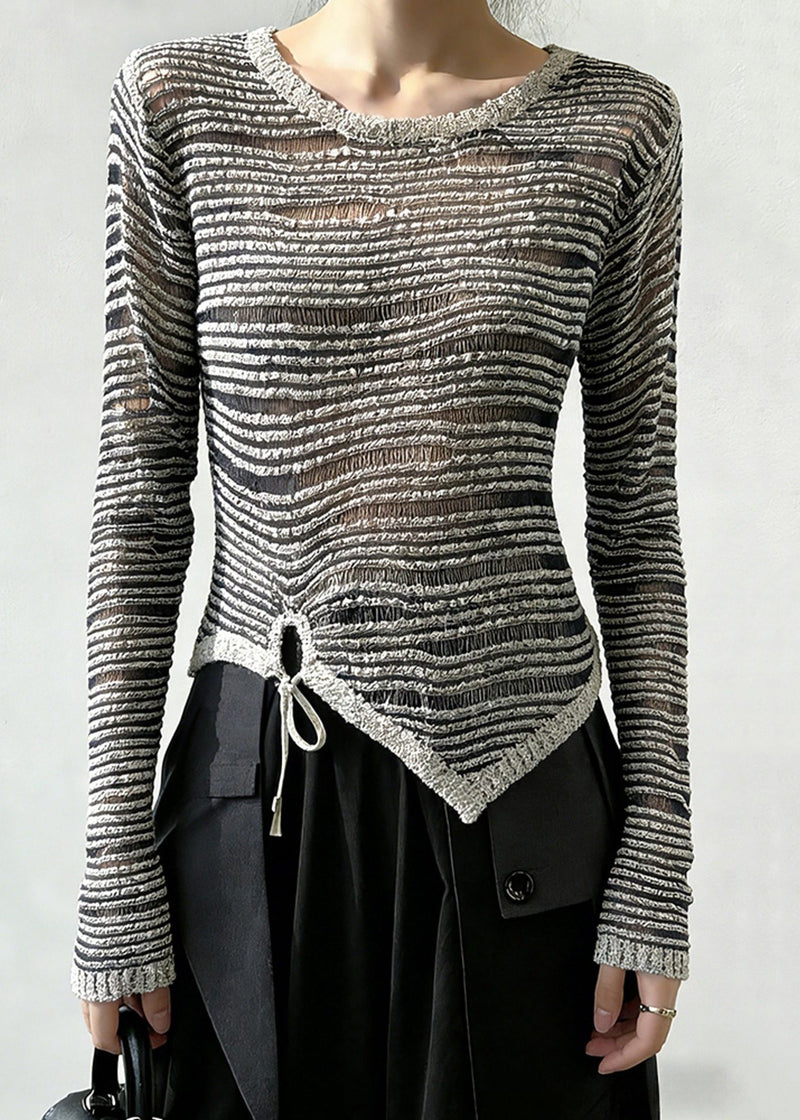 Grey Striped Cinched Knit Sweaters Spring