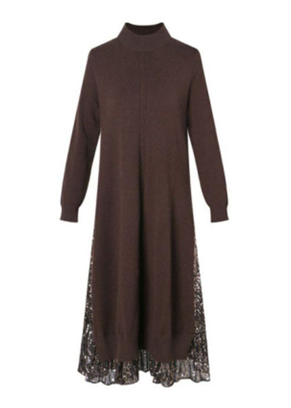 French Coffee Turtle Neck Patchwork Sequins Knit Long Sweater Dress Long Sleeve