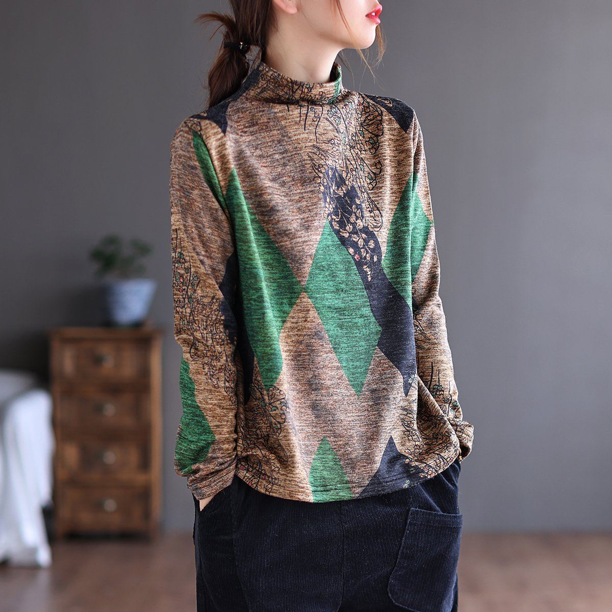 Autumn Winter Retro Patchwork Brushed Sweater