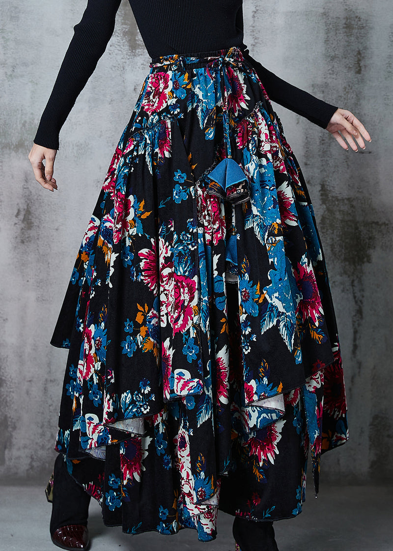 Black Asymmetrical Print Cotton Skirts Spring