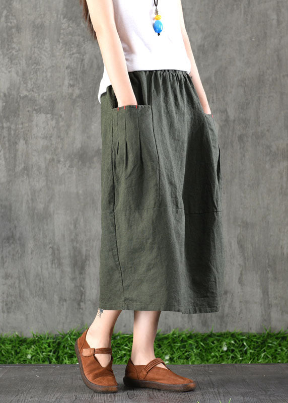 Khaki Elastic Waist Pockets Cotton Linen a Line Skirt Spring
