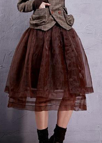 Retro Chocolate Elastic Waist Organza a Line Skirts Spring