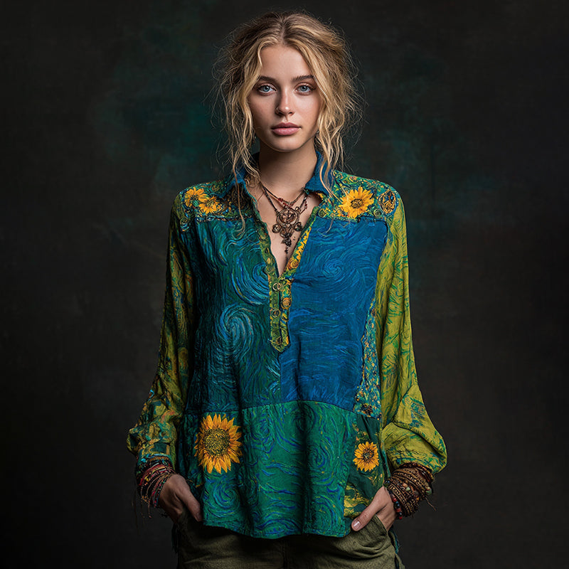 Starry Sky And Sunflowers Painting Patchwork Shirt elevenforest