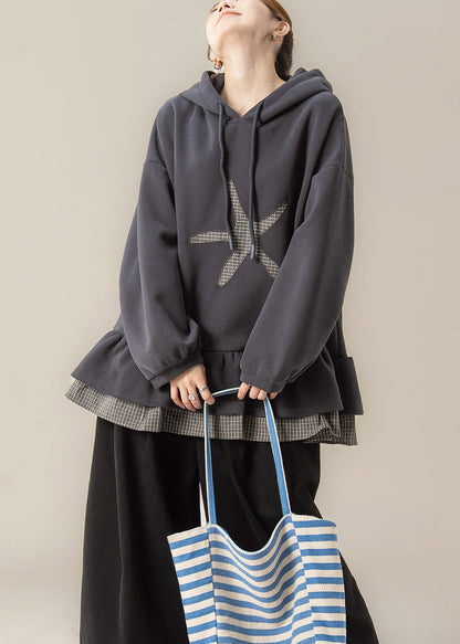 Dark Grey False Two Pieces Patchwork Hooded Cotton Sweatshirts Fall