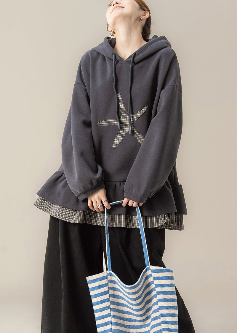 Dark Grey False Two Pieces Patchwork Hooded Cotton Sweatshirts Fall