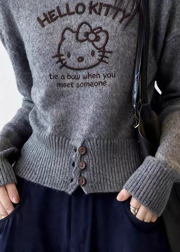 Grey Cartoon Print Cotton Knit Sweater Spring