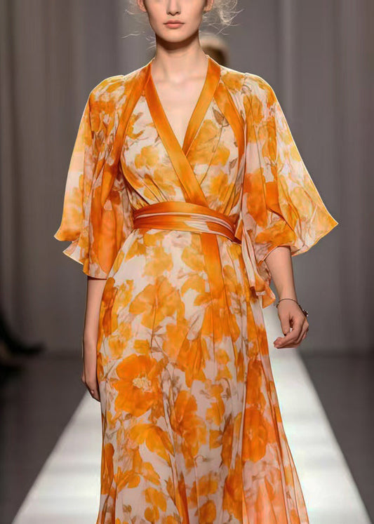 Orange Cinched Print Chiffon Vacation Dresses Summer
