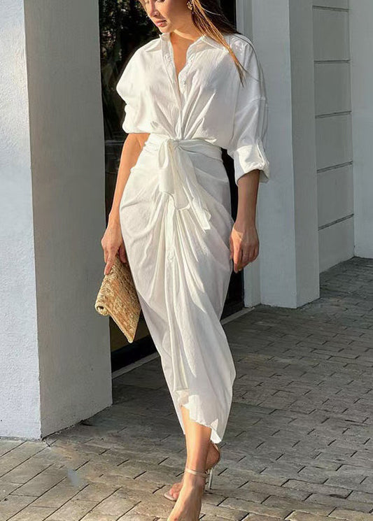 White Asymmetrical Cotton Long Dresses Long Sleeve