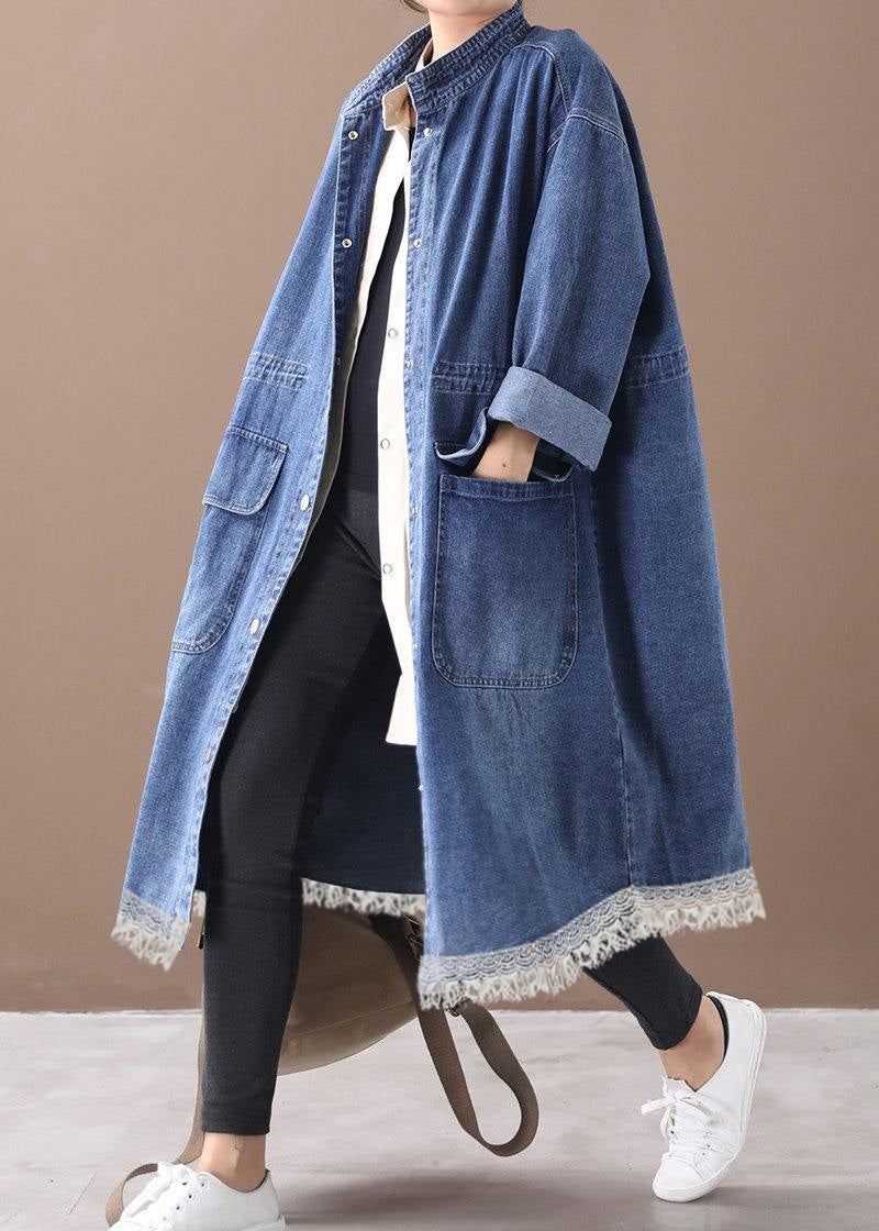 French Denim Blue Box Coat Shape Stand Collar Drawstring Coat