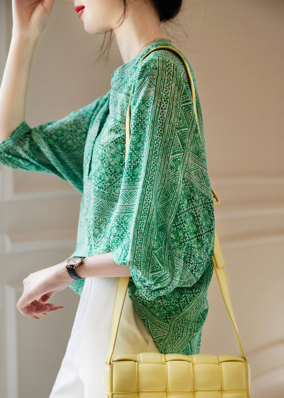 French Green O-neck Print Chiffon Tops Fall