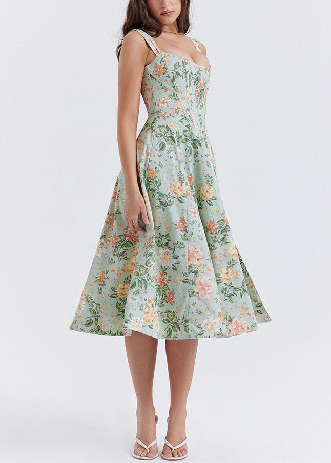 Green Print Side Open Lace Up Cotton Dresses Summer
