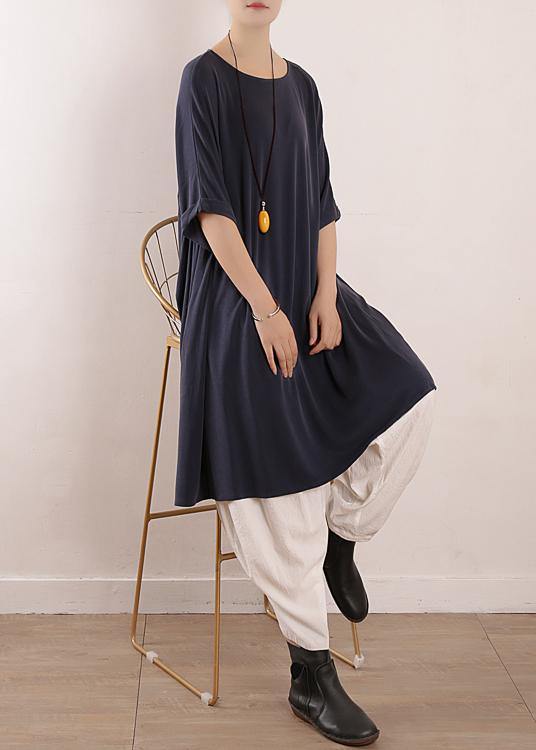 O Neck Large Hem Silk Tunics Design Blue Art Dress Summer