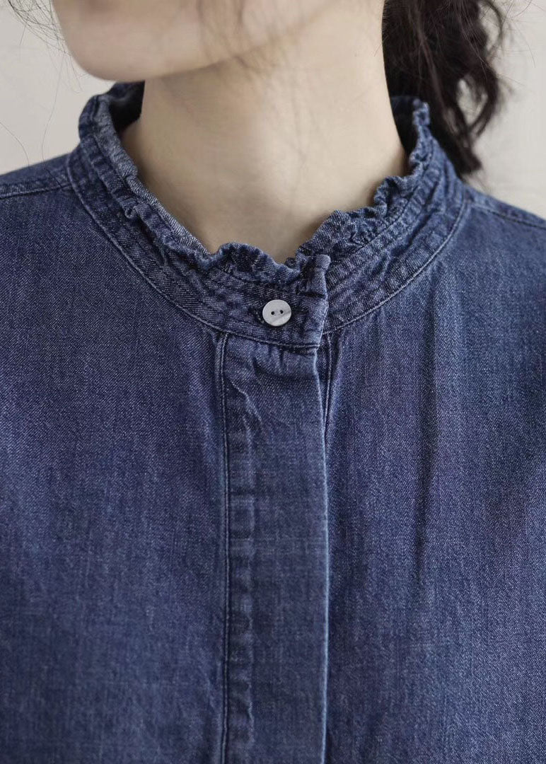 Style Blue Ruffled Pockets Denim Ankle Dress