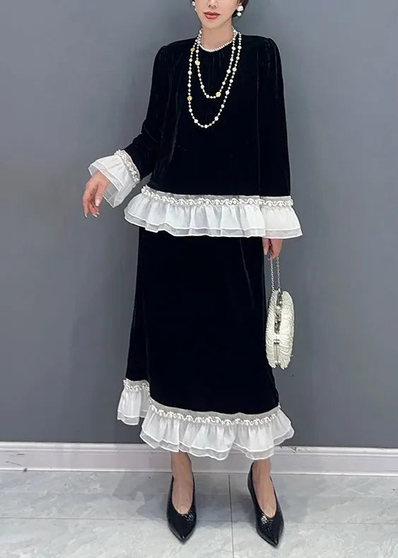 Classy Black O-neck Ruffled Tops and Skirts Velour Two Pieces Set Fall