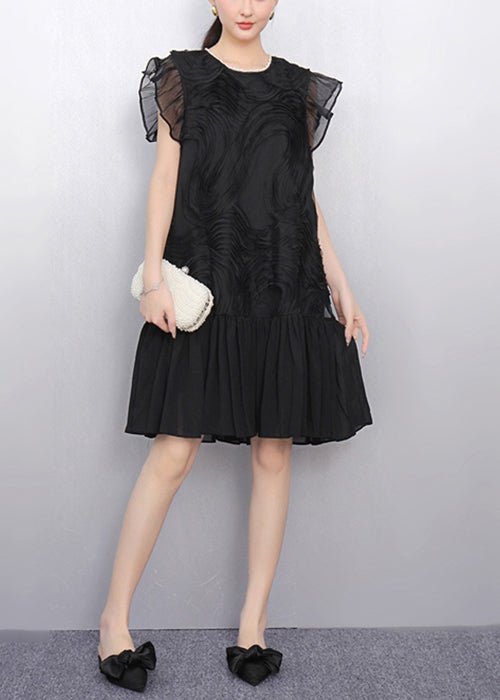 Black O Neck Wrinkled Tulle Patchwork Dress Summer