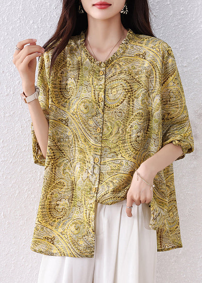 Yellow Ruffled Print Chiffon Shirt Top Fall