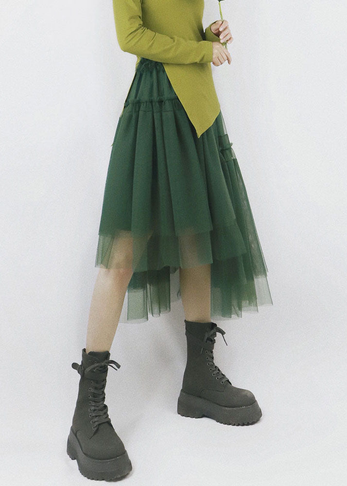 Green High Waist Asymmetrical Patchwork Tulle Pleated Skirt Summer