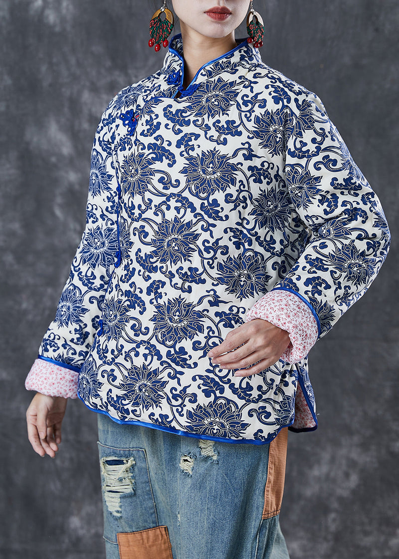 Blue Print Mandarin Collar Fine Cotton Filled Jacket Winter