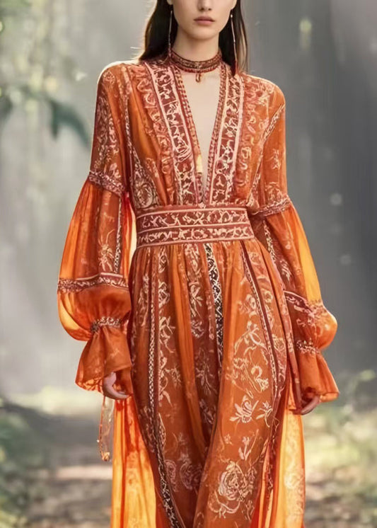Italian Orange Cinched Print Chiffon Holiday Dress Spring
