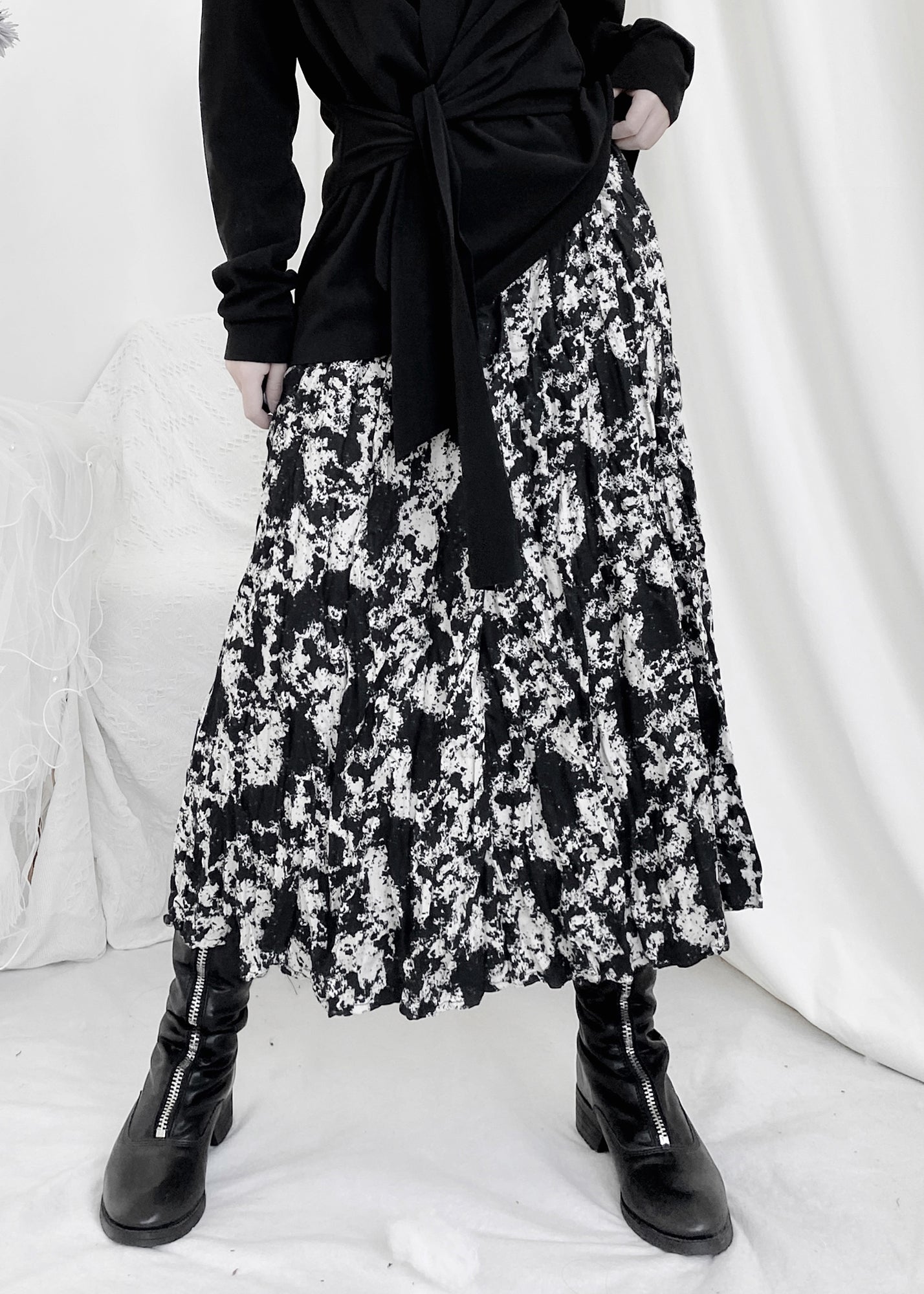 Print Wrinkled Elastic Waist a Line Skirt