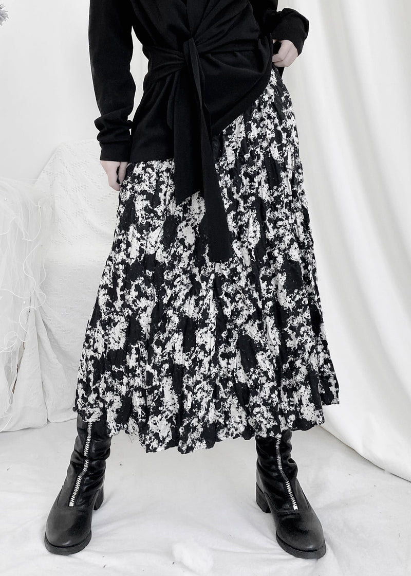 Print Wrinkled Elastic Waist a Line Skirt