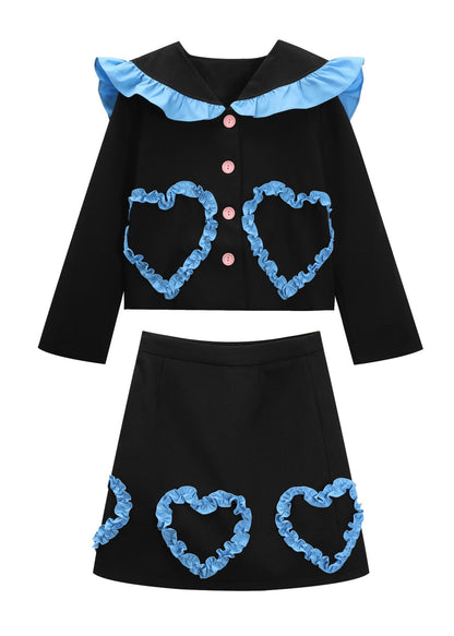 Black Sailor Collar Ruffled Top and Skirts Two Piece Set Fall